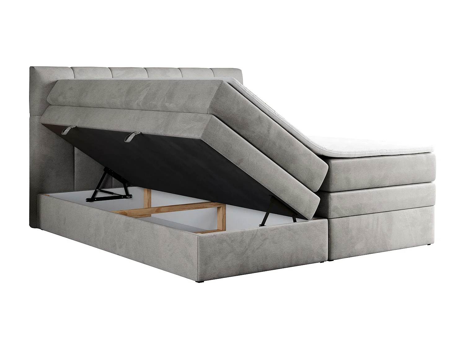 Boxspringbett ALVIN KING, mit zwei Multipocket-Matratzen, Bettkästen, genähtes Kopfteil - 180x200 cm - H3 - Hellgrau Velvet
