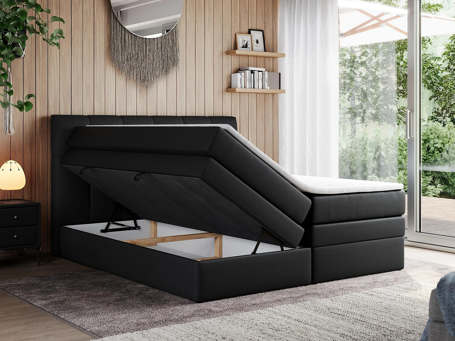 Boxspringbett ALVIN KING, mit zwei Multipocket-Matratzen, Bettkästen, genähtes Kopfteil - 180x200 cm - H3 - Schwarz Kunstleder