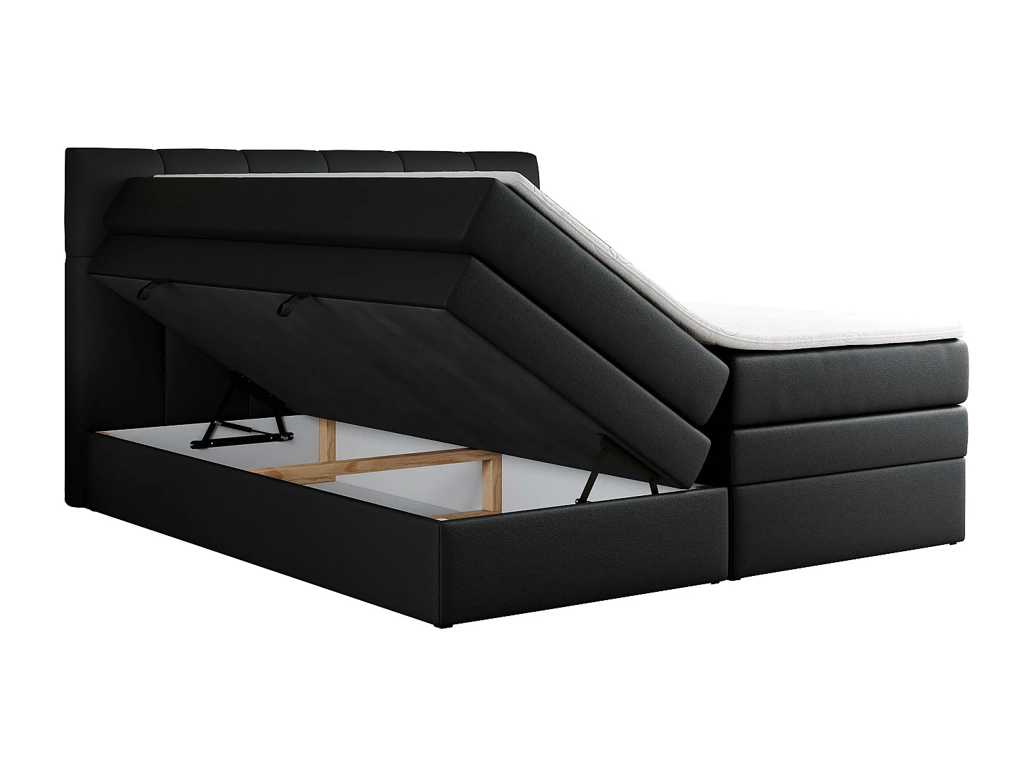 Boxspringbett ALVIN KING, mit zwei Multipocket-Matratzen, Bettkästen, genähtes Kopfteil - 180x200 cm - H3 - Schwarz Kunstleder