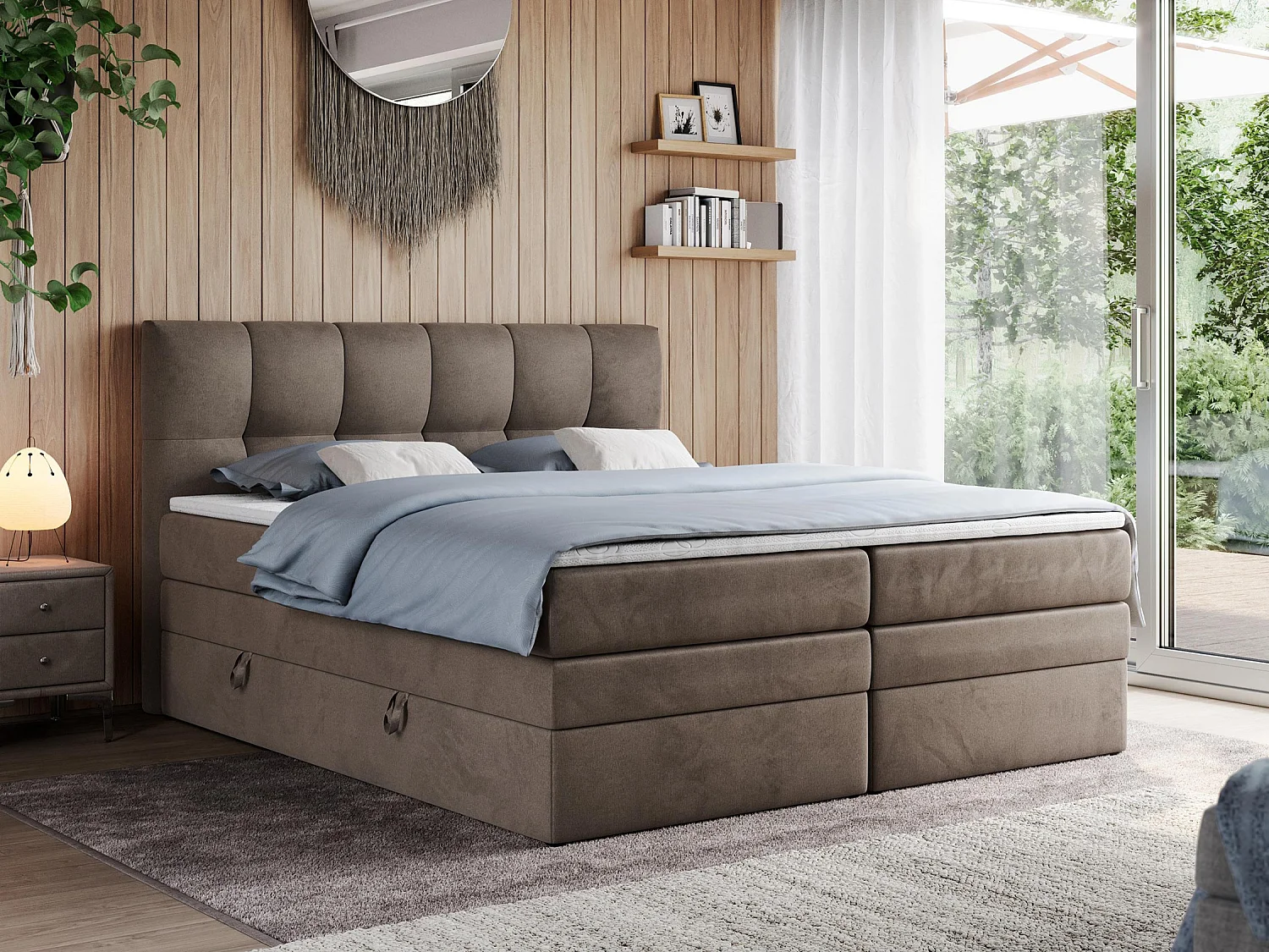 Boxspringbett ALVIN KING, mit zwei Multipocket-Matratzen, Bettkästen, genähtes Kopfteil - 160x200 cm - H3 - Braun Velvet