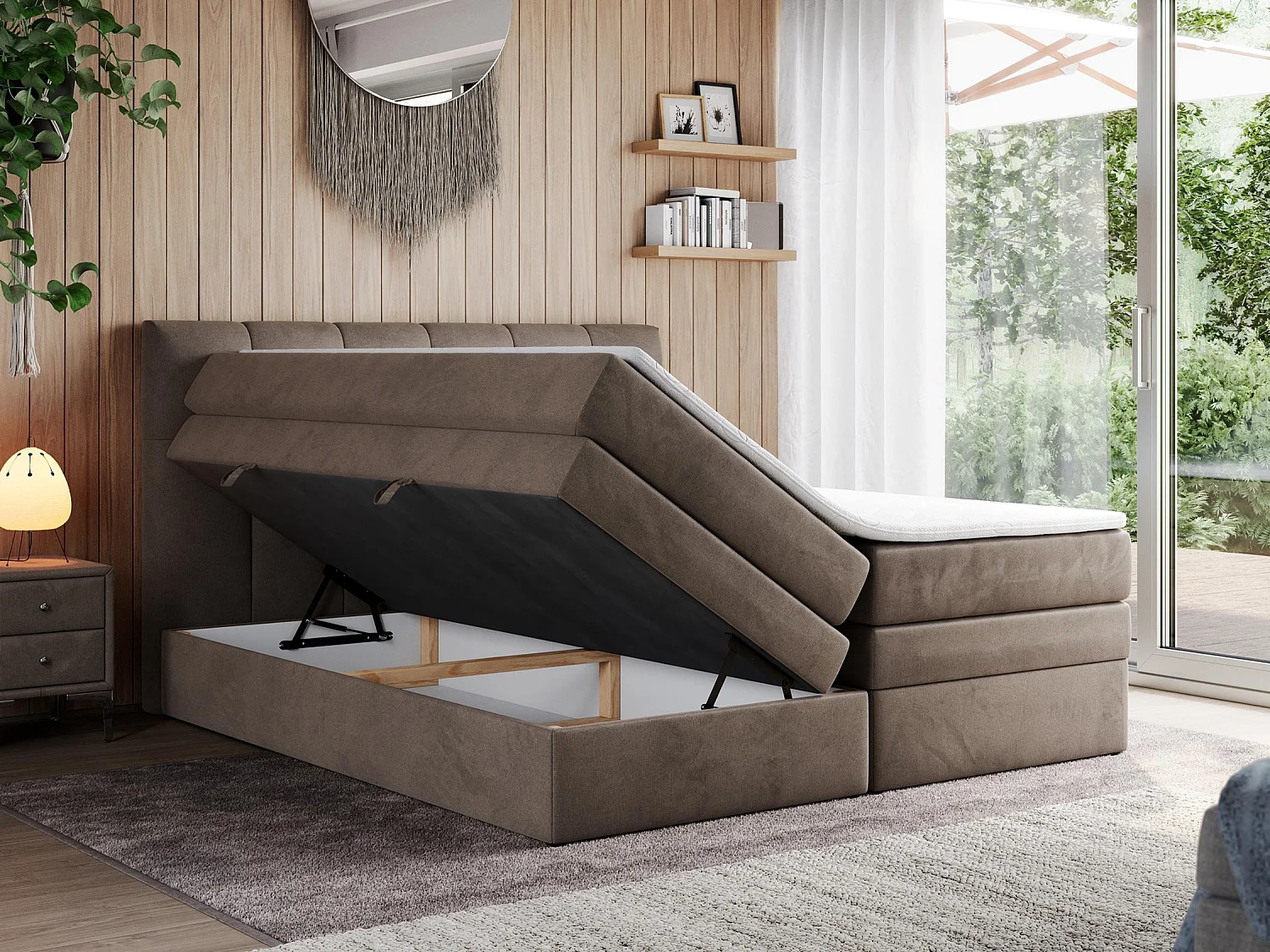 Boxspringbett ALVIN KING, mit zwei Multipocket-Matratzen, Bettkästen, genähtes Kopfteil - 160x200 cm - H3 - Braun Velvet