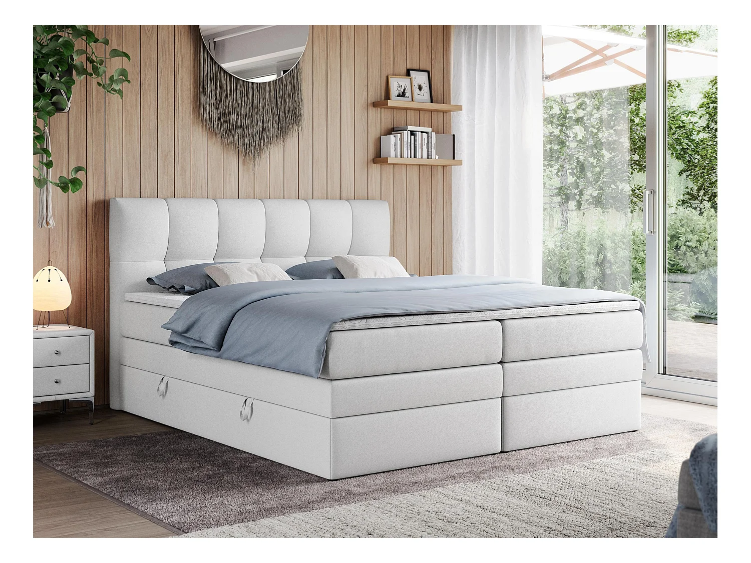 Boxspringbett ALVIN KING, mit zwei Multipocket-Matratzen, Bettkästen, genähtes Kopfteil - 180x200 cm - H4 - Weiß Kunstleder