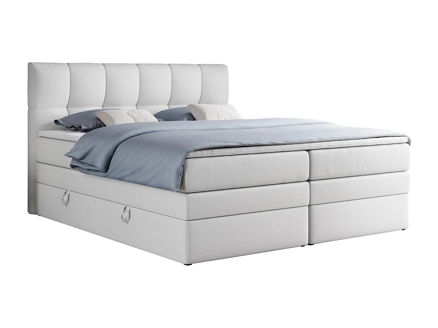 Boxspringbett ALVIN KING, mit zwei Multipocket-Matratzen, Bettkästen, genähtes Kopfteil - 180x200 cm - H4 - Weiß Kunstleder