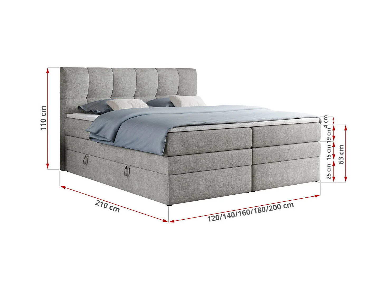 Boxspringbett ALVIN KING, mit zwei Multipocket-Matratzen, Bettkästen, genähtes Kopfteil - 180x200 cm - H3 - Hellgrau Strukture