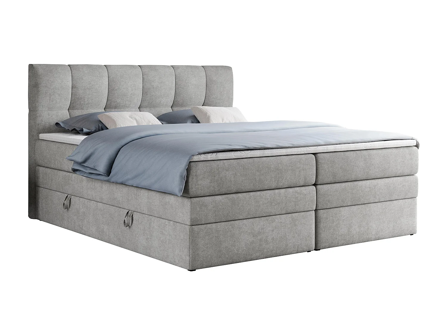 Boxspringbett ALVIN KING, mit zwei Multipocket-Matratzen, Bettkästen, genähtes Kopfteil - 180x200 cm - H3 - Hellgrau Strukture