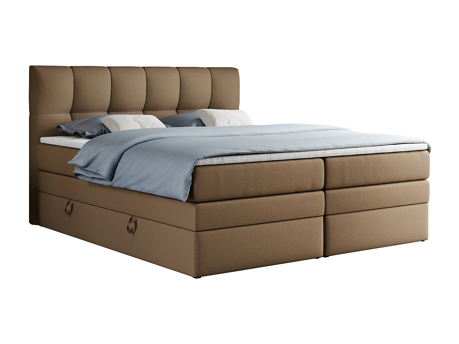Boxspringbett ALVIN KING, mit zwei Multipocket-Matratzen, Bettkästen, genähtes Kopfteil - 160x200 cm - H4 - Braun Kunstleder