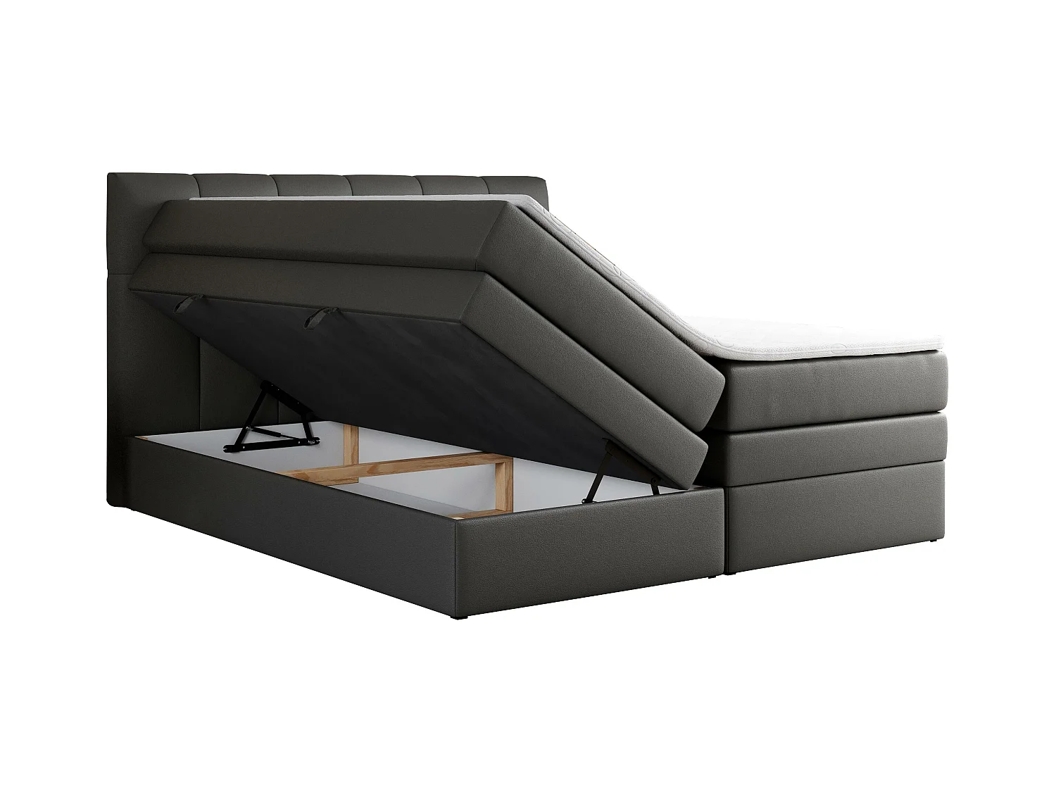 Boxspringbett ALVIN KING, mit zwei Multipocket-Matratzen, Bettkästen, genähtes Kopfteil - 140x200 cm - H3 - Dunkelgrau Kunstleder