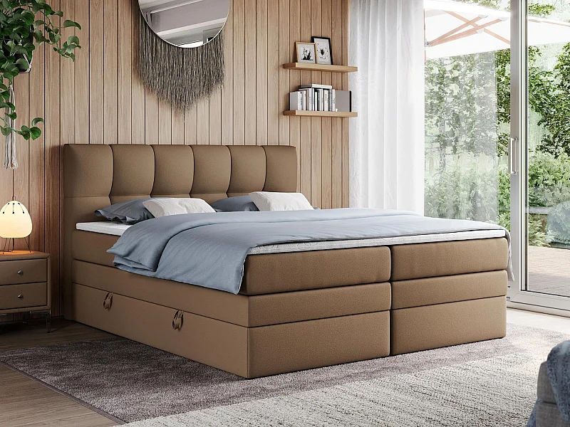 Boxspringbett ALVIN KING, mit zwei Multipocket-Matratzen, Bettkästen, genähtes Kopfteil - 160x200 cm - H3 - Braun Kunstleder