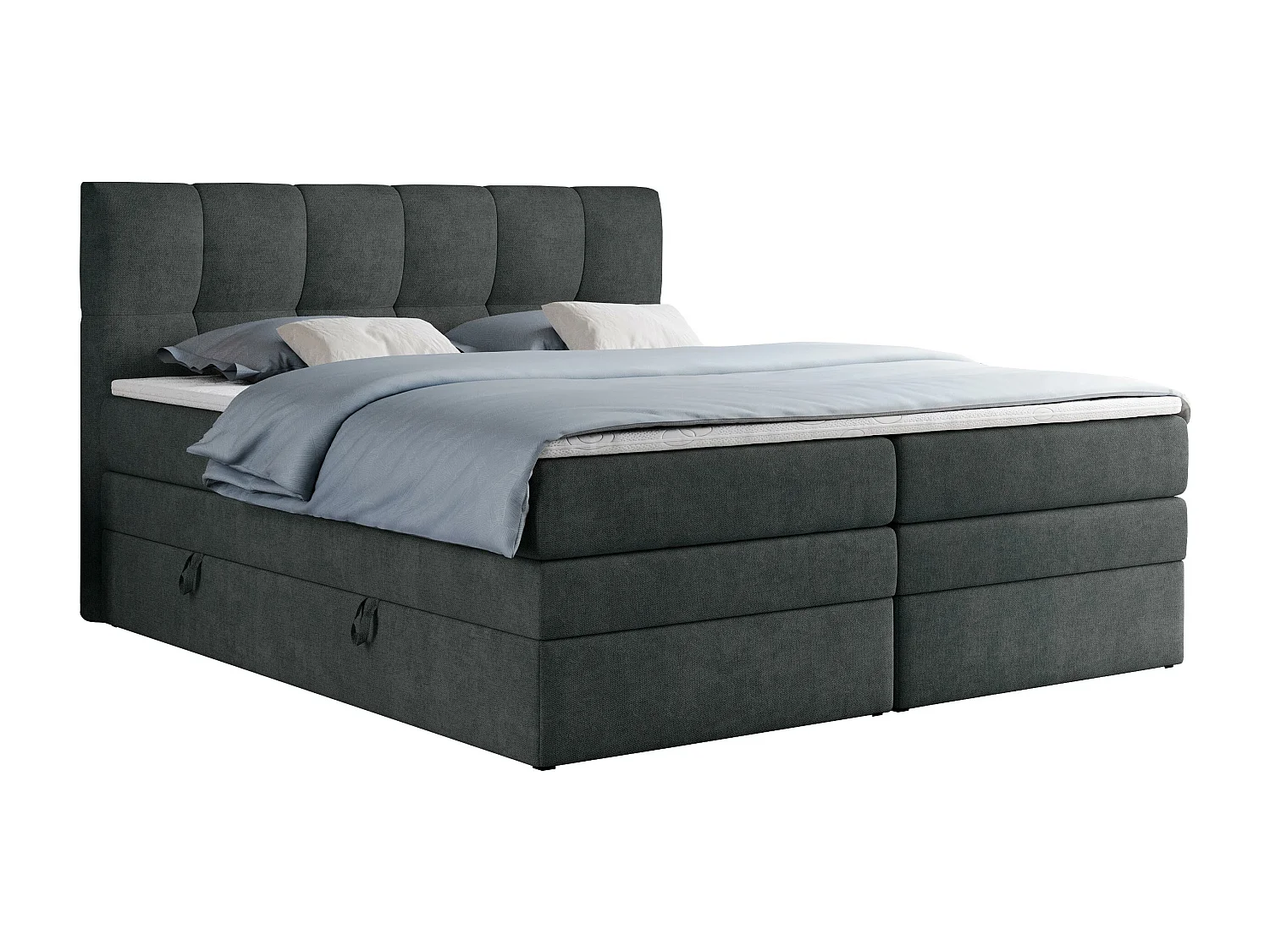 Boxspringbett ALVIN KING, mit zwei Multipocket-Matratzen, Bettkästen, genähtes Kopfteil - 120x200 cm - H4 - Dunkelgrau Strukture