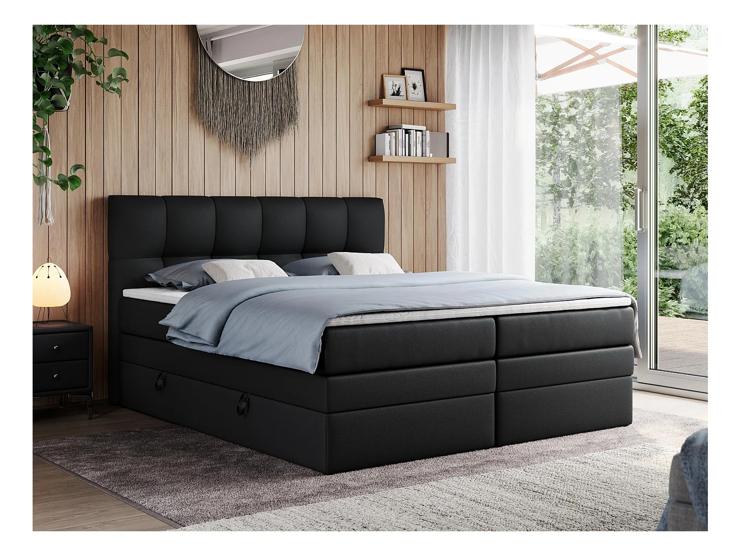 Boxspringbett ALVIN KING, mit zwei Multipocket-Matratzen, Bettkästen, genähtes Kopfteil - 160x200 cm - H3 - Schwarz Kunstleder