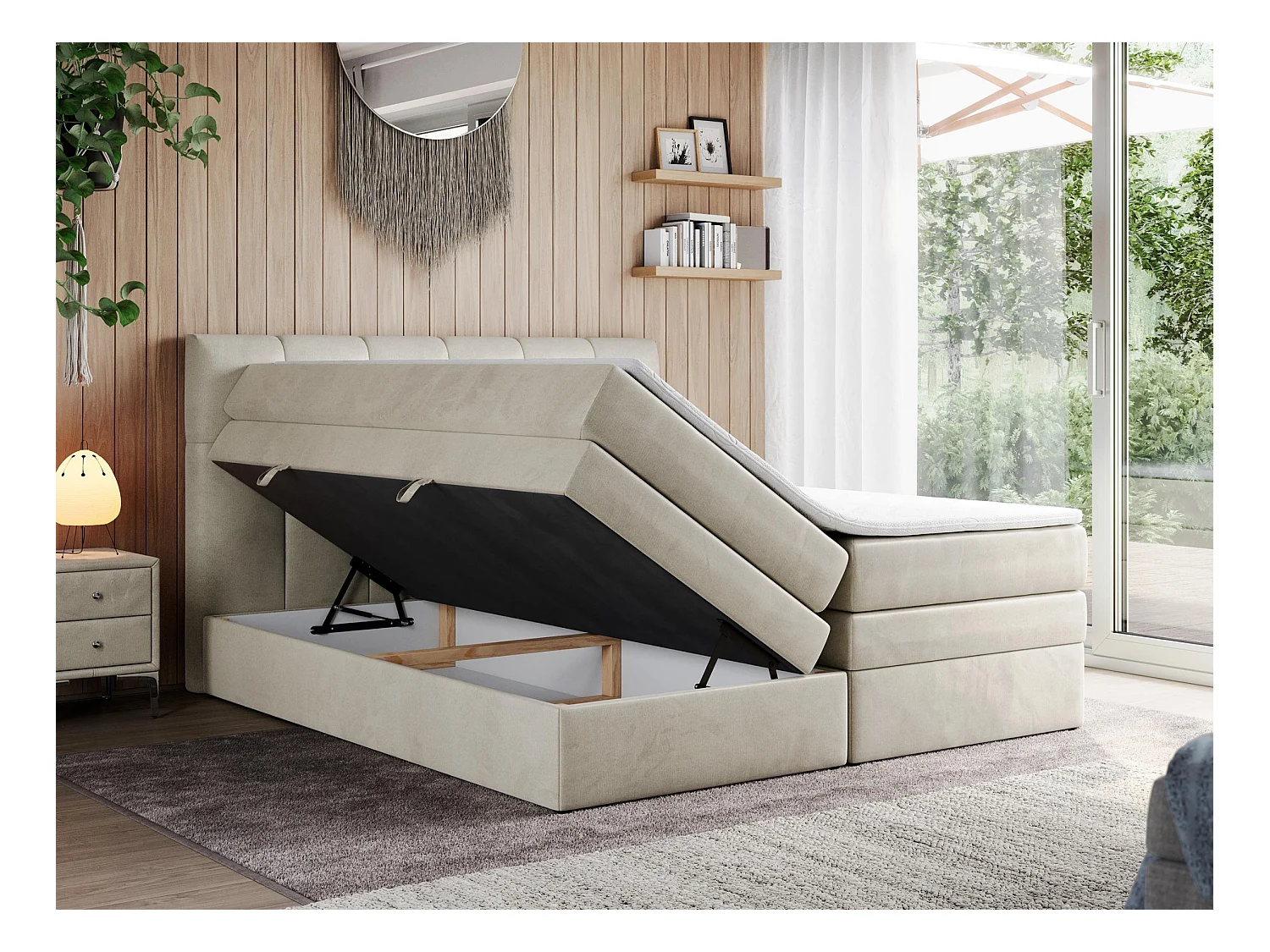 Boxspringbett ALVIN KING, mit zwei Multipocket-Matratzen, Bettkästen, genähtes Kopfteil - 160x200 cm - H3 - Beige Velvet