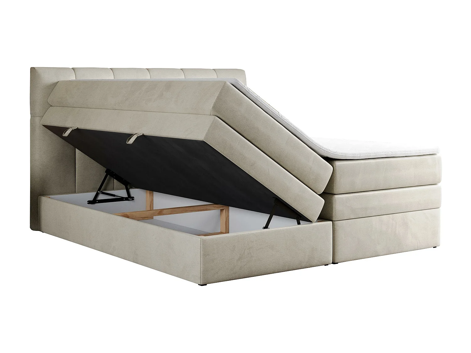 Boxspringbett ALVIN KING, mit zwei Multipocket-Matratzen, Bettkästen, genähtes Kopfteil - 160x200 cm - H3 - Beige Velvet
