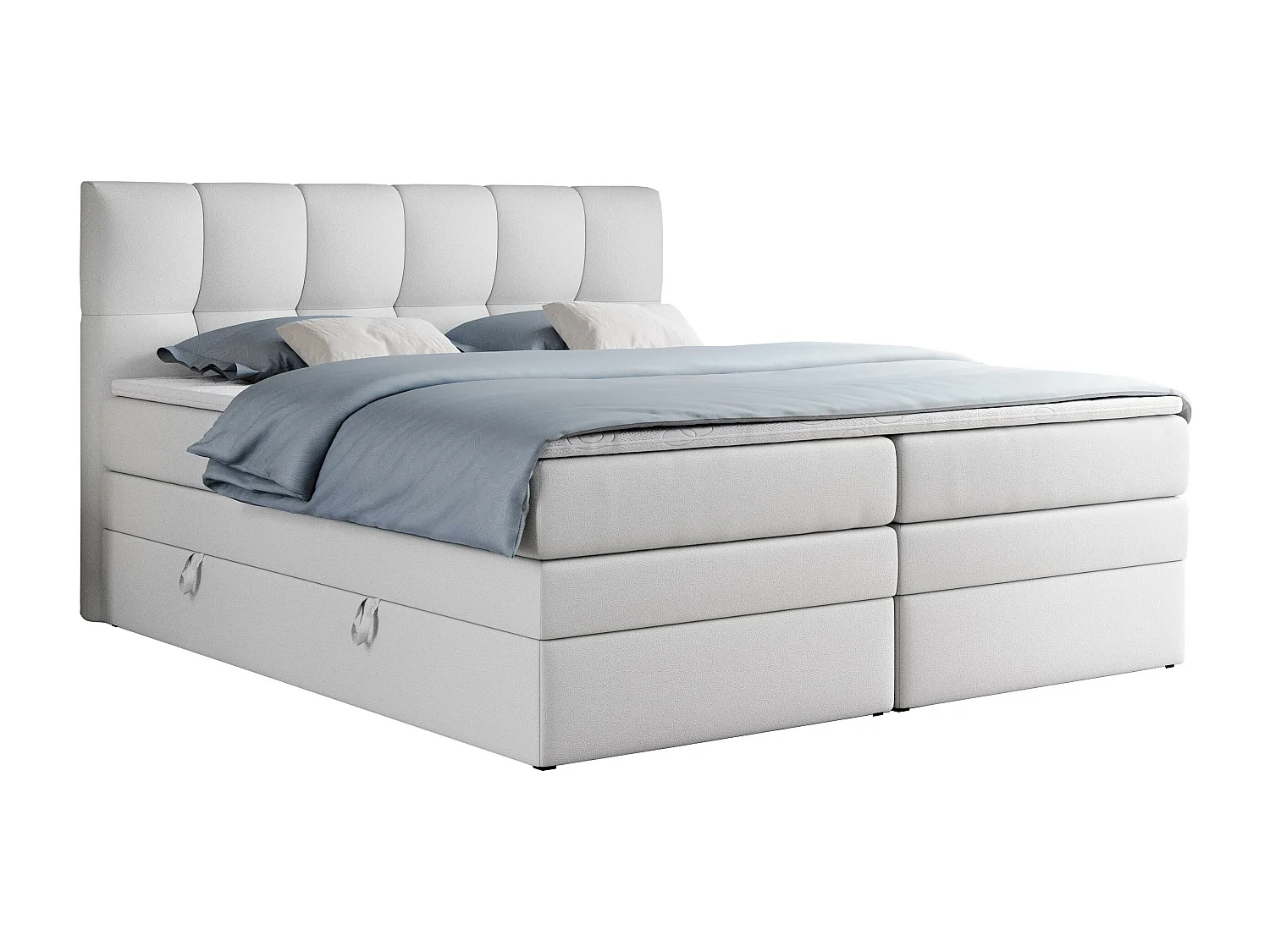 Boxspringbett ALVIN KING, mit zwei Multipocket-Matratzen, Bettkästen, genähtes Kopfteil - 200x200 cm - H3 - Weiß Kunstleder