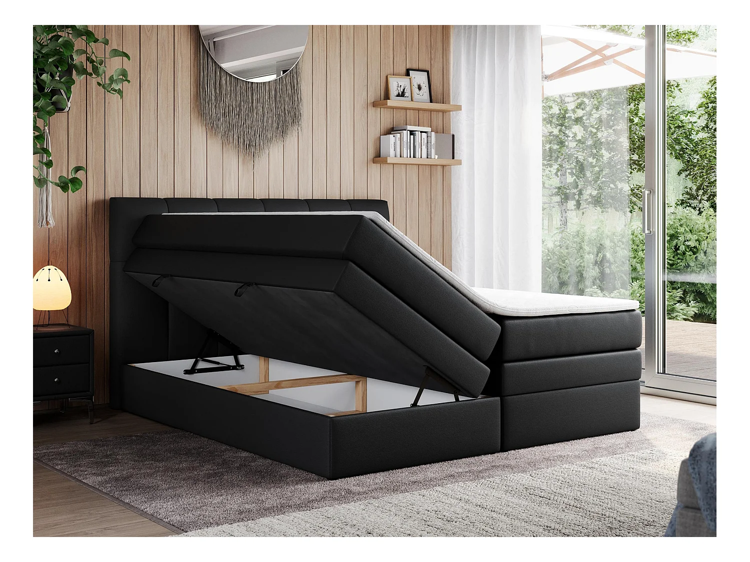 Boxspringbett ALVIN KING, mit zwei Multipocket-Matratzen, Bettkästen, genähtes Kopfteil - 200x200 cm - H4 - Schwarz Kunstleder