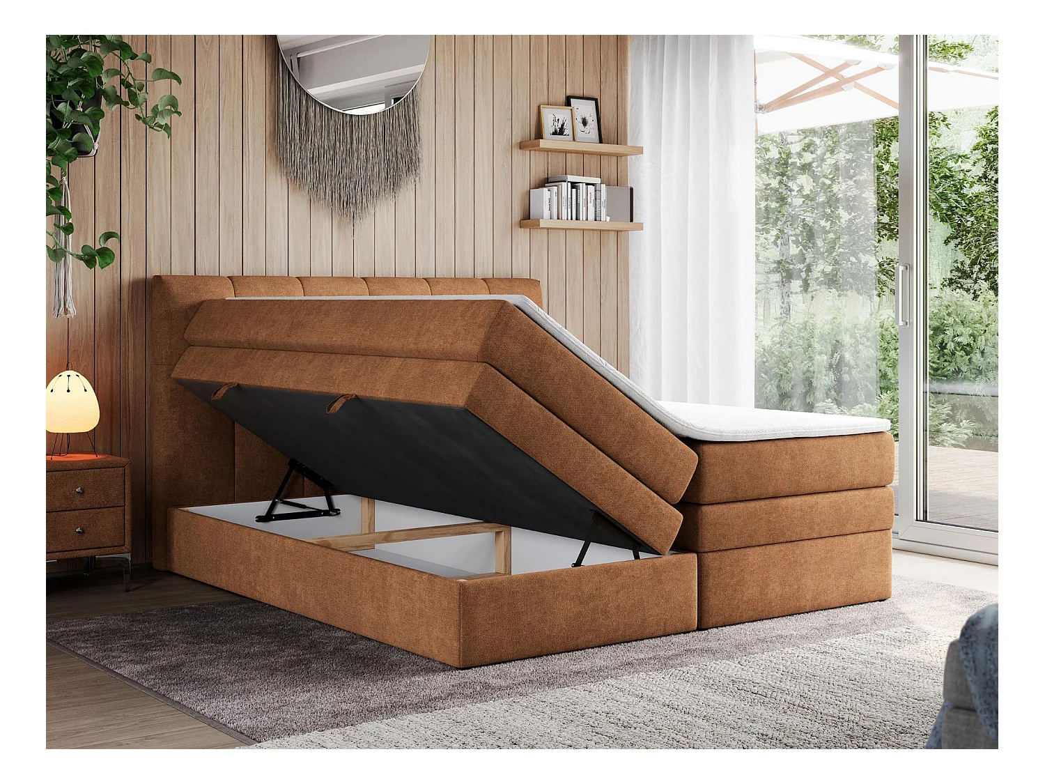 Boxspringbett ALVIN KING, mit zwei Multipocket-Matratzen, Bettkästen, genähtes Kopfteil - 140x200 cm - H3 - Orange Strukture