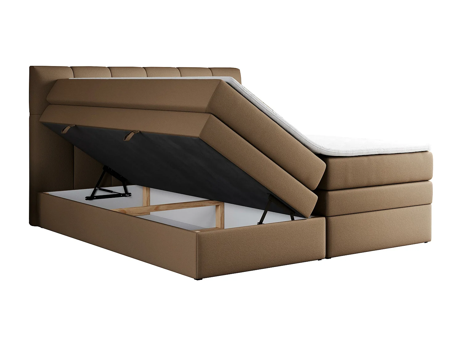 Boxspringbett ALVIN KING, mit zwei Multipocket-Matratzen, Bettkästen, genähtes Kopfteil - 140x200 cm - H3 - Braun Kunstleder