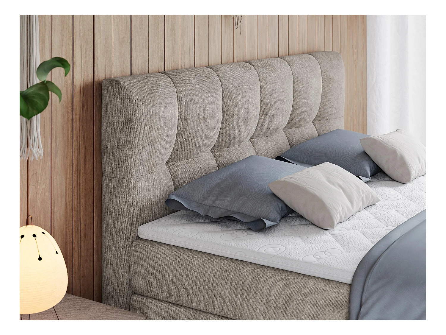 Boxspringbett ALVIN KING, mit zwei Multipocket-Matratzen, Bettkästen, genähtes Kopfteil - 120x200 cm - H3 - Beige Strukture