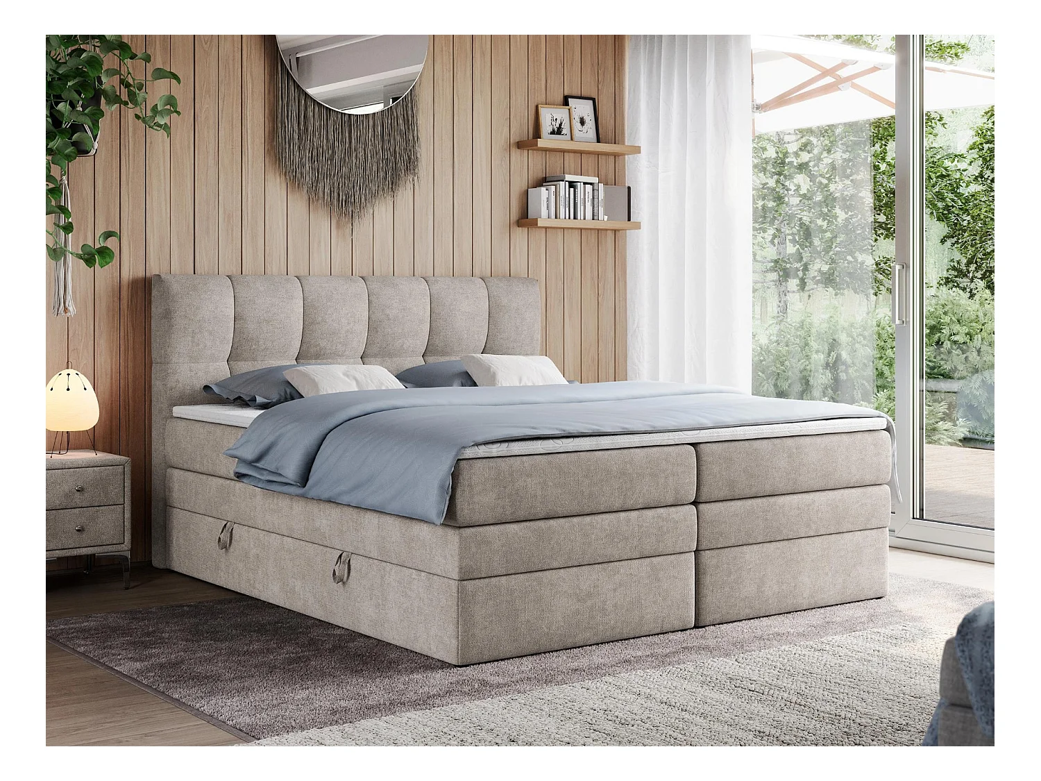 Boxspringbett ALVIN KING, mit zwei Multipocket-Matratzen, Bettkästen, genähtes Kopfteil - 180x200 cm - H3 - Beige Strukture