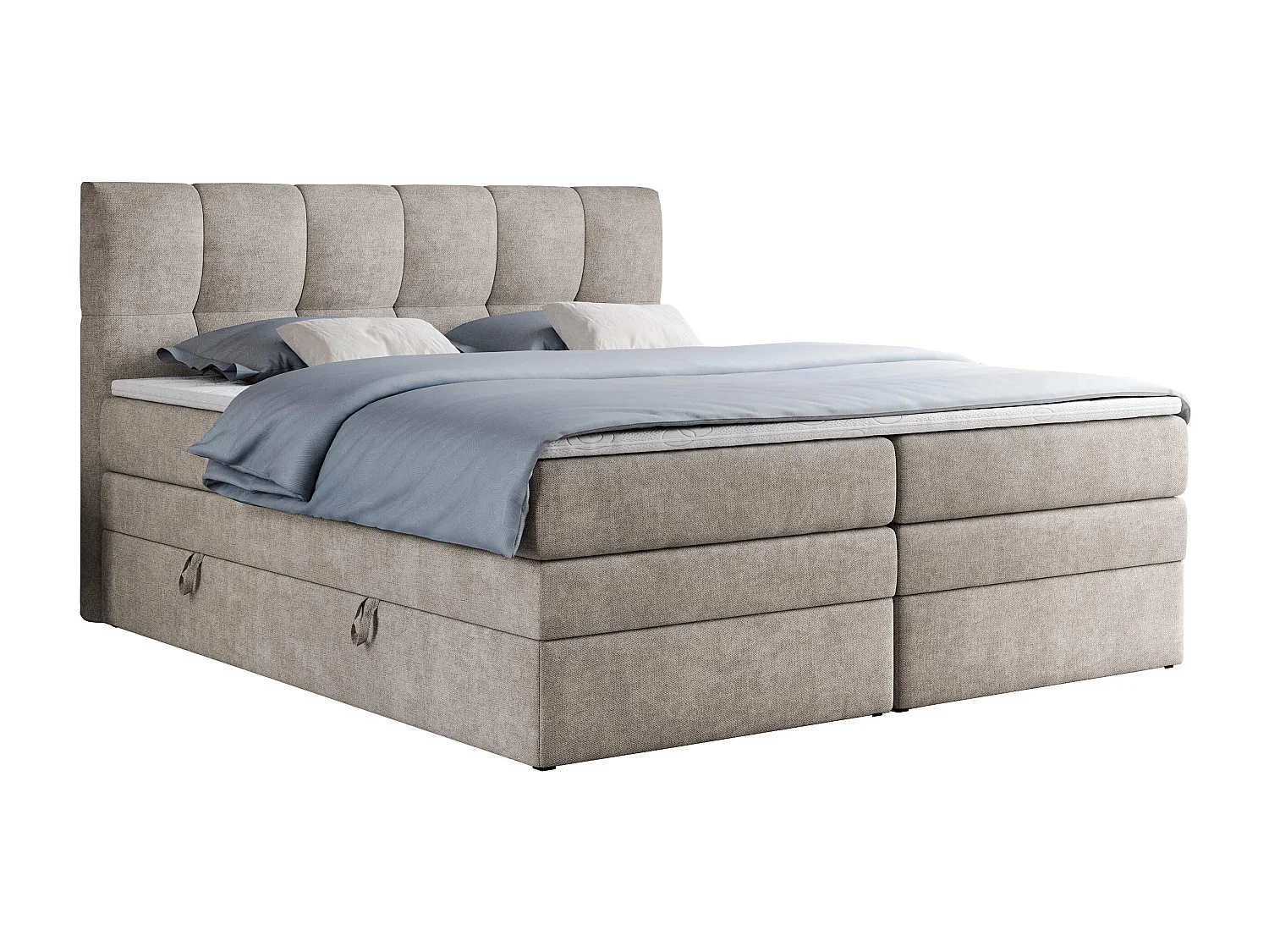 Boxspringbett ALVIN KING, mit zwei Multipocket-Matratzen, Bettkästen, genähtes Kopfteil - 180x200 cm - H3 - Beige Strukture