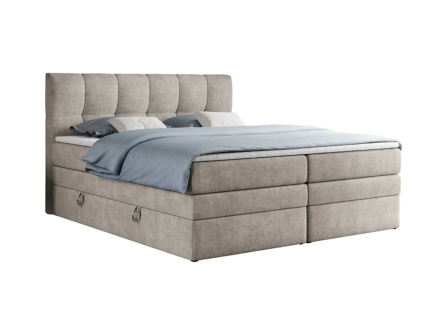 Boxspringbett ALVIN KING, mit zwei Multipocket-Matratzen, Bettkästen, genähtes Kopfteil - 200x200 cm - H3 - Beige Strukture