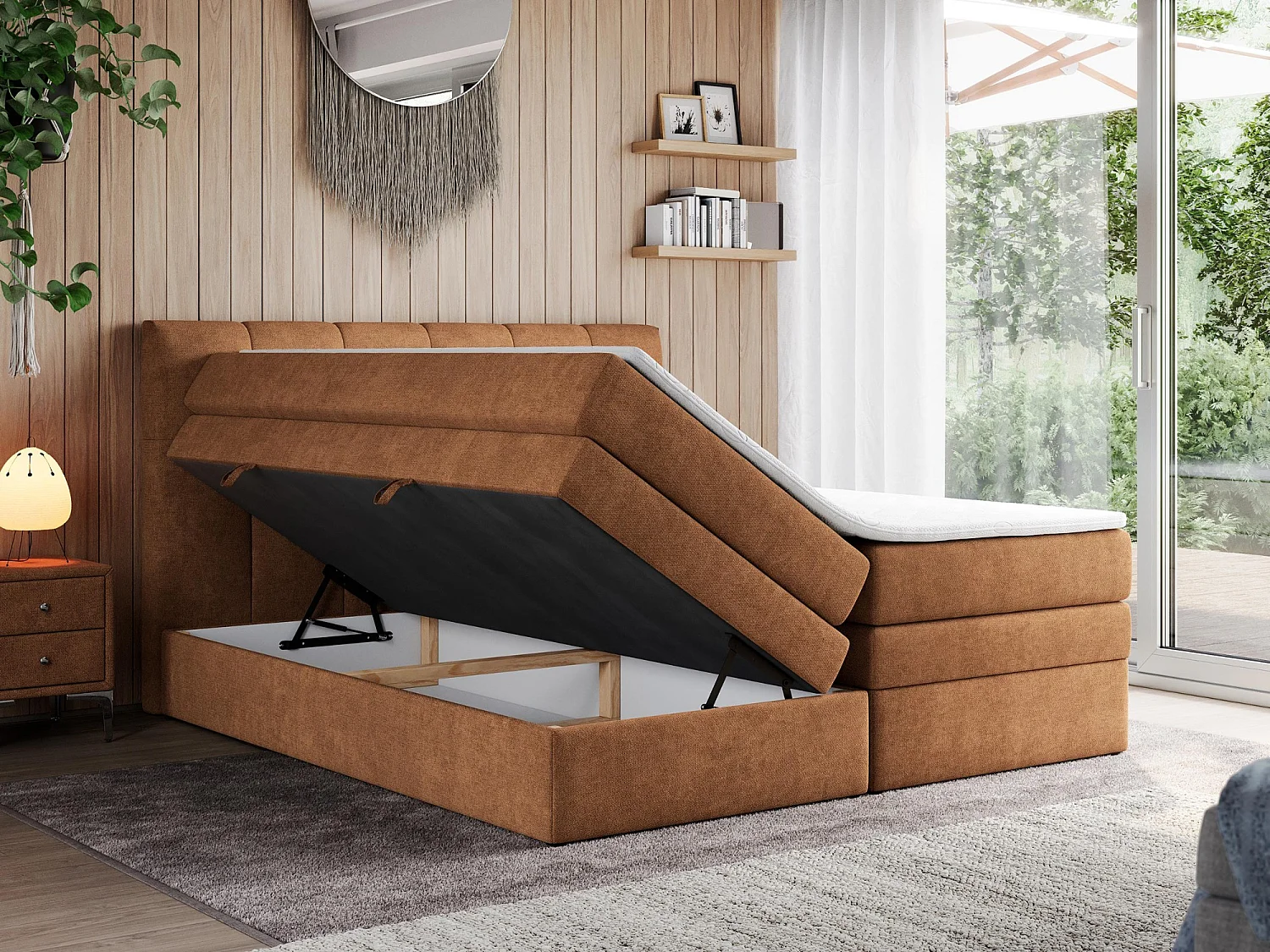 Boxspringbett ALVIN KING, mit zwei Multipocket-Matratzen, Bettkästen, genähtes Kopfteil - 160x200 cm - H3 - Orange Strukture