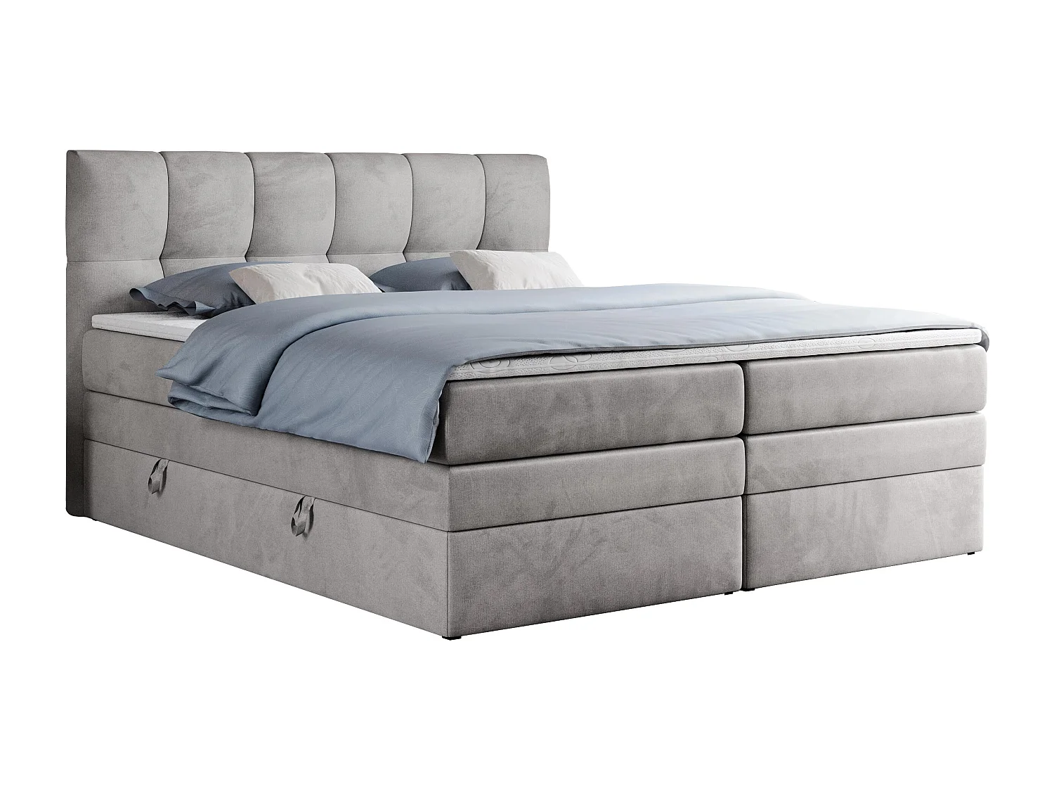 Boxspringbett ALVIN KING, mit zwei Multipocket-Matratzen, Bettkästen, genähtes Kopfteil - 160x200 cm - H4 - Hellgrau Velvet
