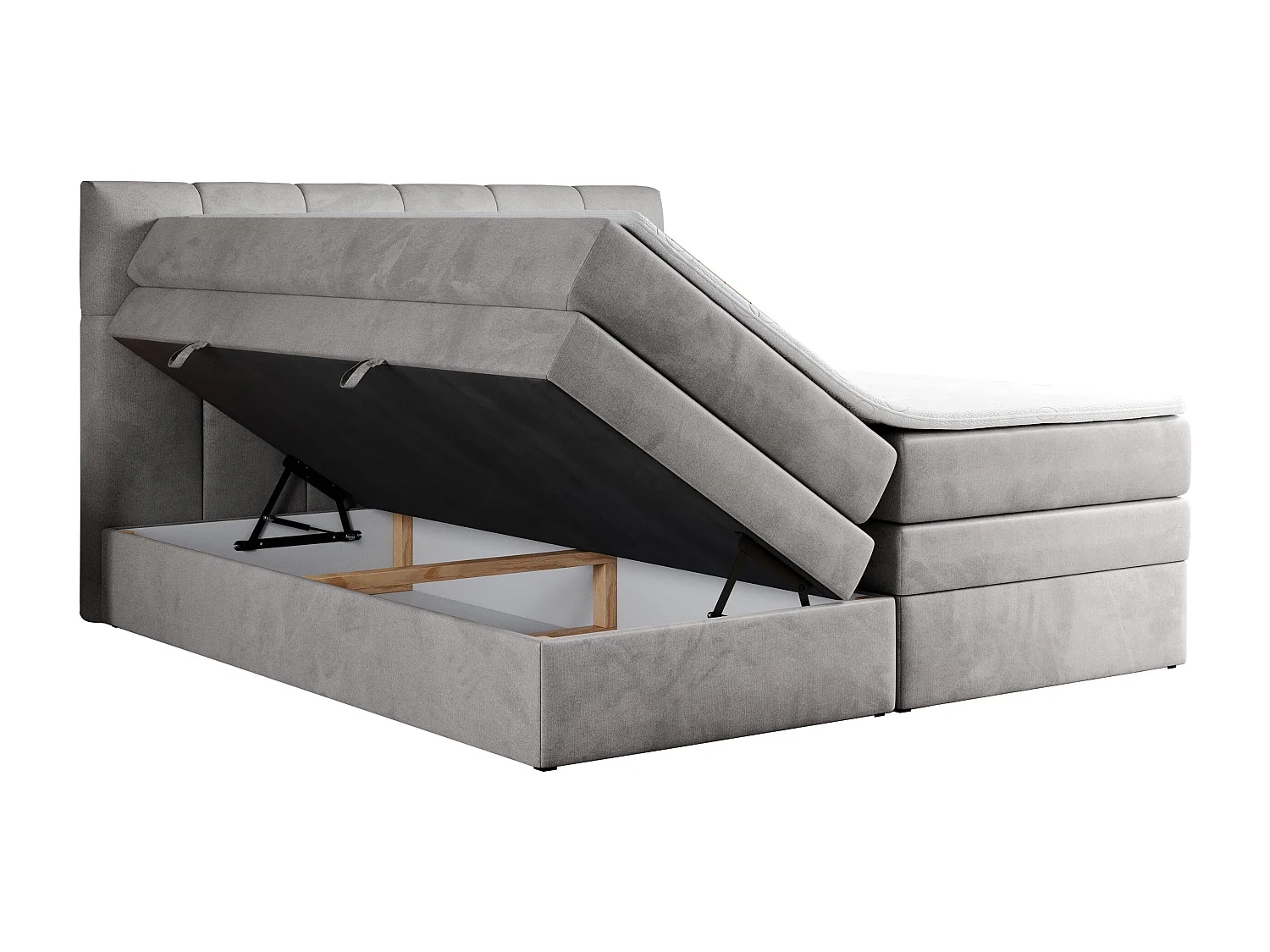 Boxspringbett ALVIN KING, mit zwei Multipocket-Matratzen, Bettkästen, genähtes Kopfteil - 160x200 cm - H4 - Hellgrau Velvet