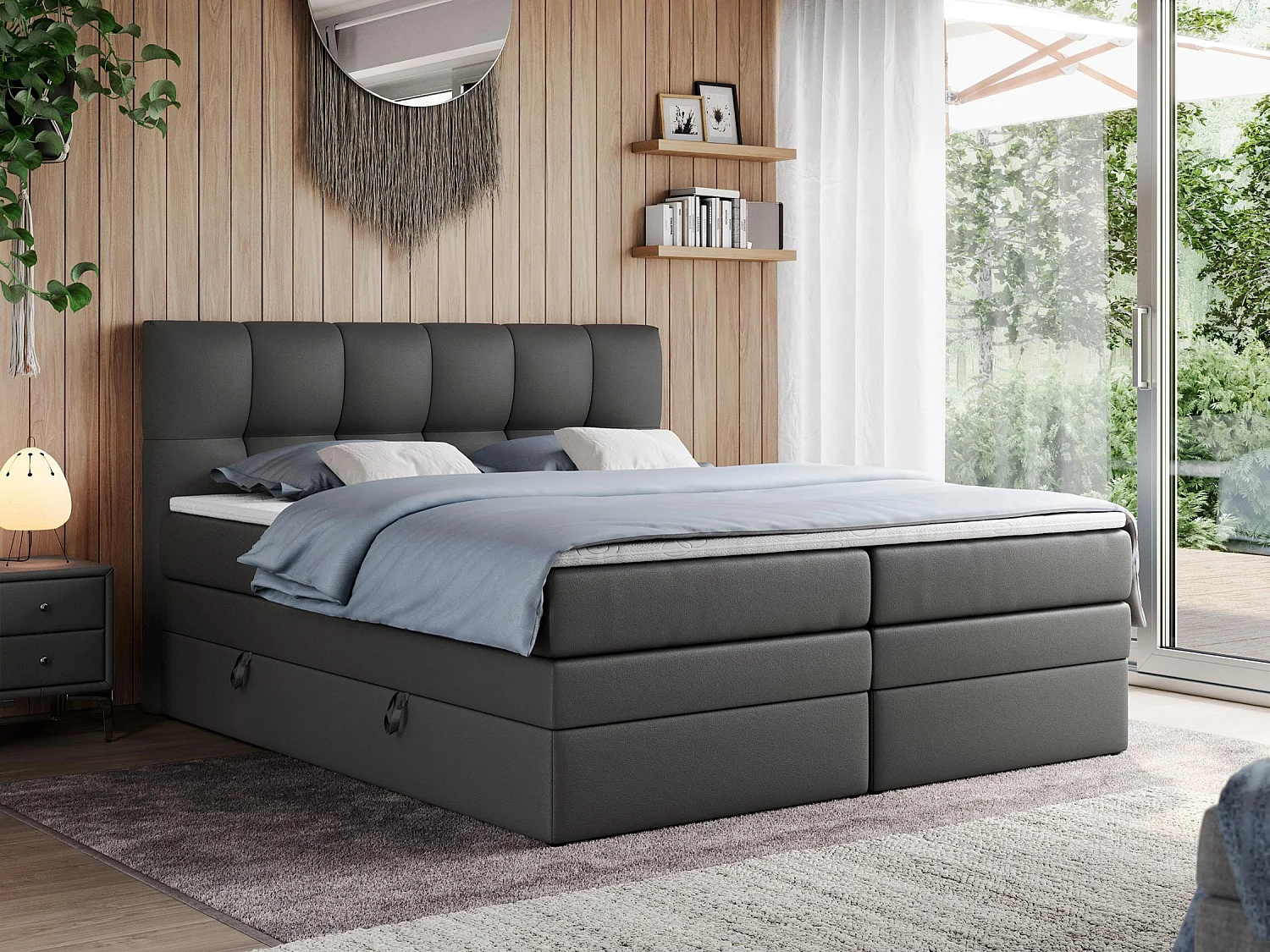 Boxspringbett ALVIN KING, mit zwei Multipocket-Matratzen, Bettkästen, genähtes Kopfteil - 160x200 cm - H4 - Dunkelgrau Kunstleder