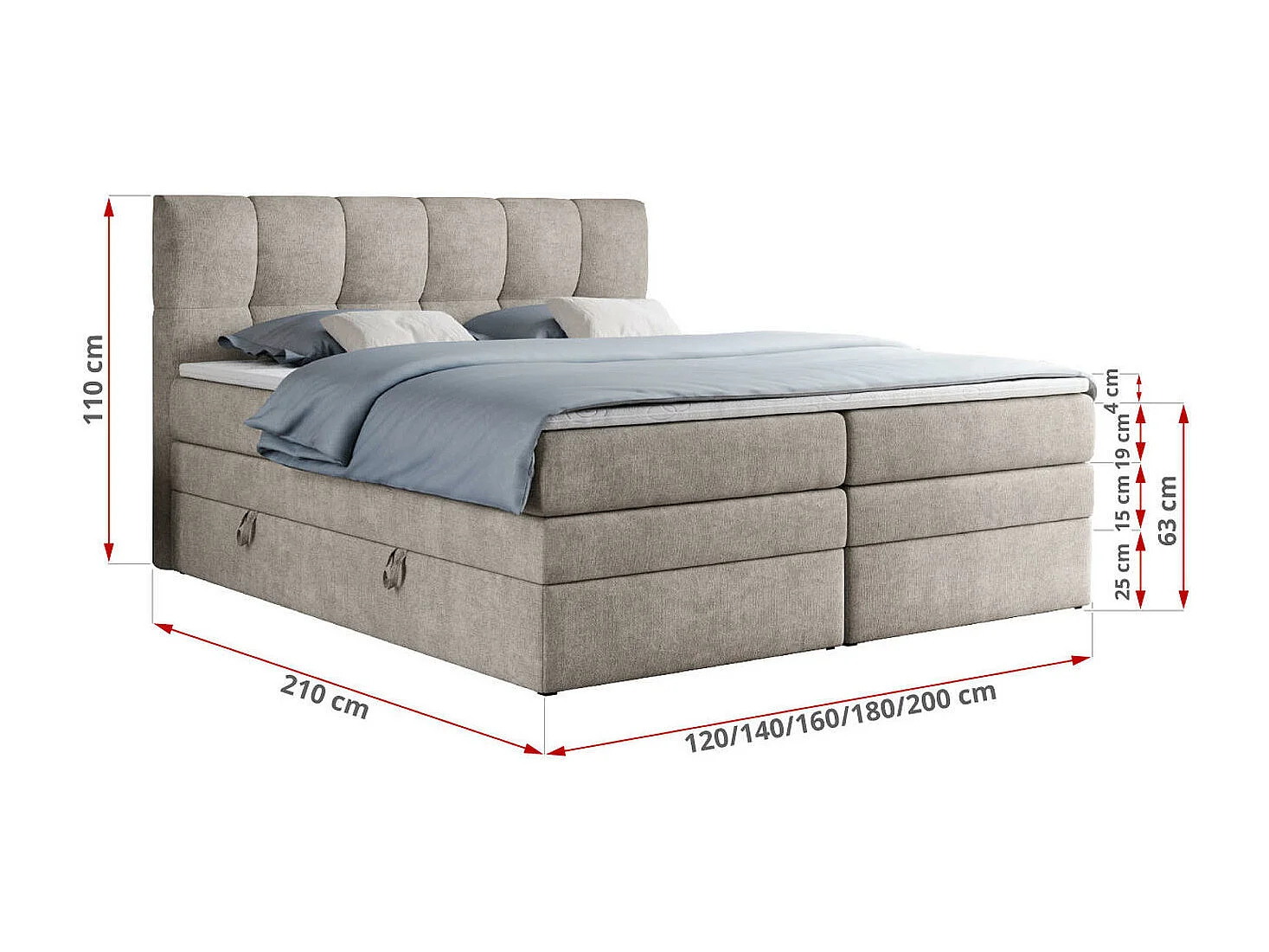 Boxspringbett ALVIN KING, mit zwei Multipocket-Matratzen, Bettkästen, genähtes Kopfteil - 140x200 cm - H3 - Beige Strukture