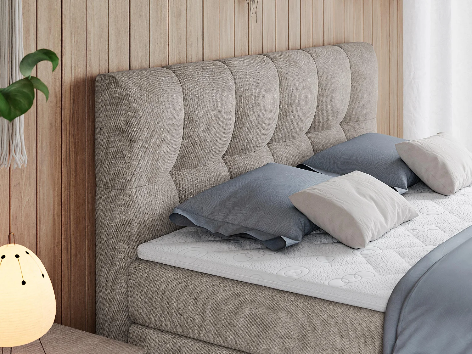 Boxspringbett ALVIN KING, mit zwei Multipocket-Matratzen, Bettkästen, genähtes Kopfteil - 140x200 cm - H3 - Beige Strukture