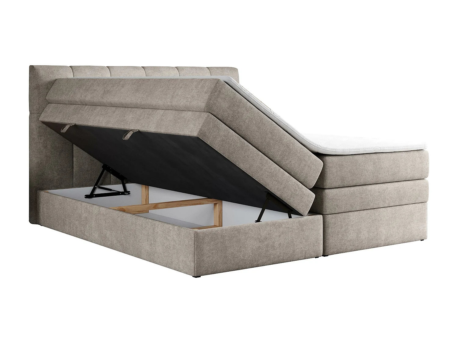 Boxspringbett ALVIN KING, mit zwei Multipocket-Matratzen, Bettkästen, genähtes Kopfteil - 140x200 cm - H3 - Beige Strukture