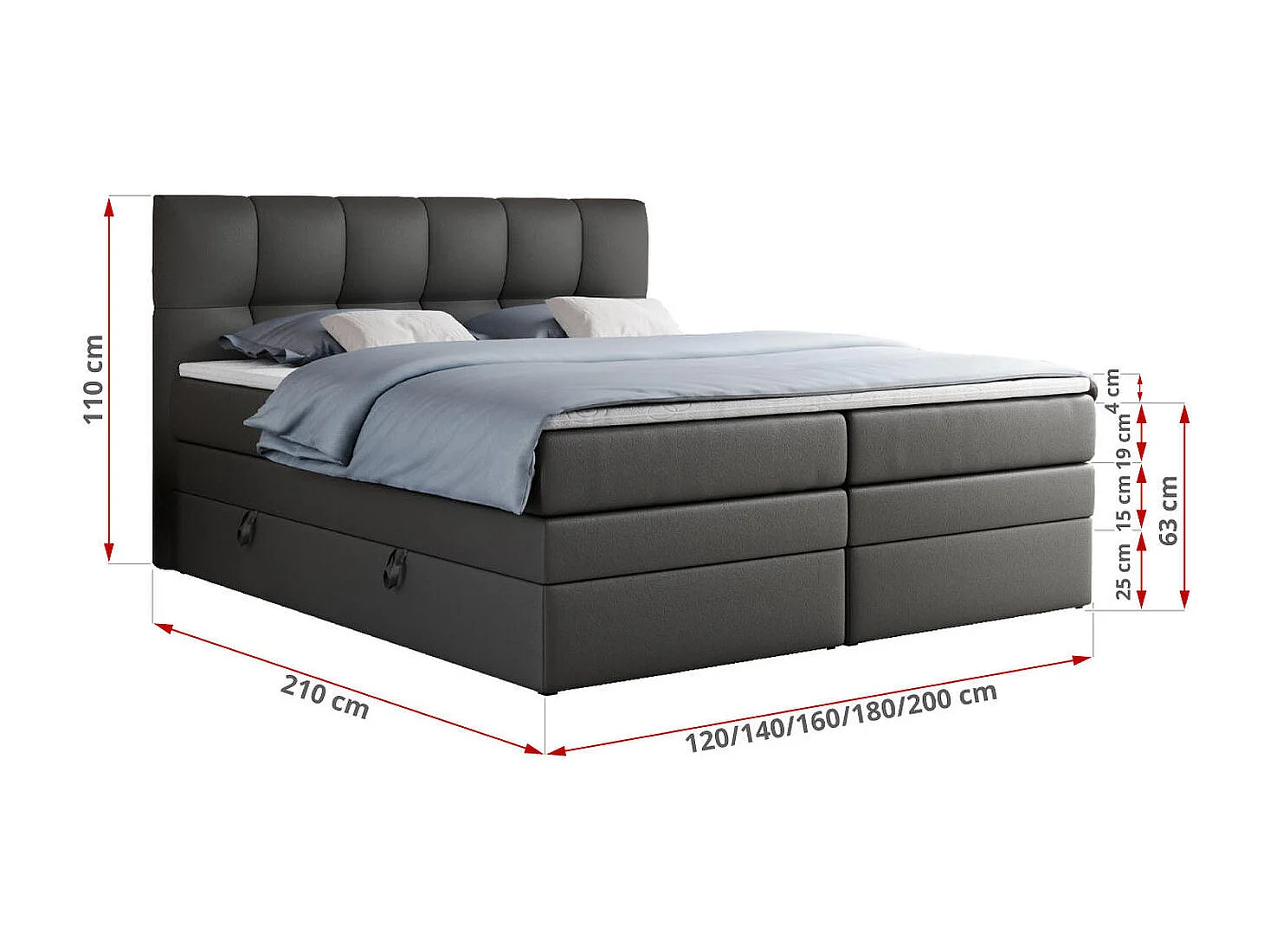 Boxspringbett ALVIN KING, mit zwei Multipocket-Matratzen, Bettkästen, genähtes Kopfteil - 200x200 cm - H3 - Dunkelgrau Kunstleder