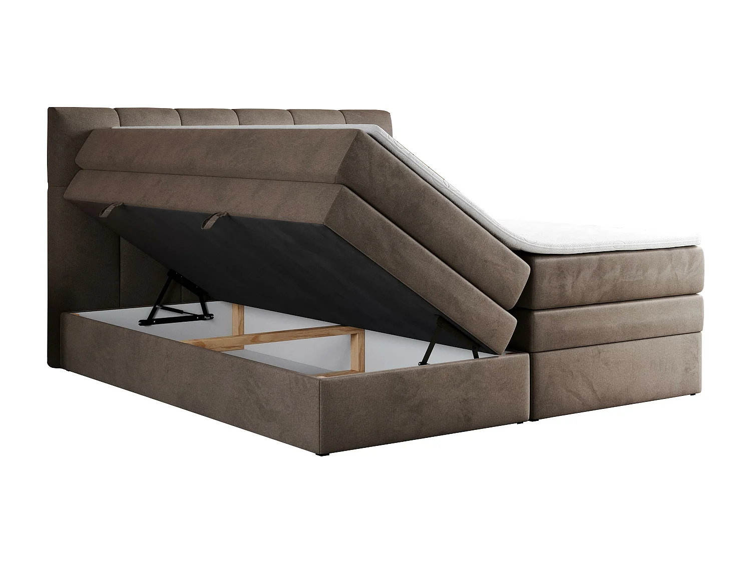 Boxspringbett ALVIN KING, mit zwei Multipocket-Matratzen, Bettkästen, genähtes Kopfteil - 120x200 cm - H3 - Braun Velvet