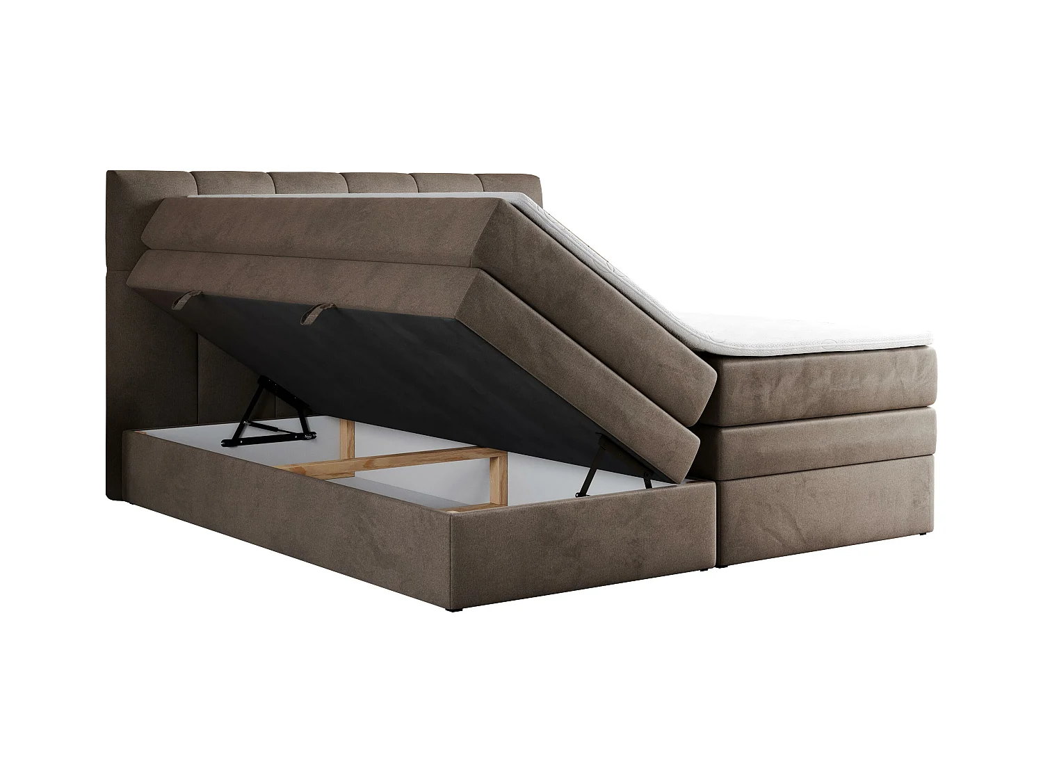 Boxspringbett ALVIN KING, mit zwei Multipocket-Matratzen, Bettkästen, genähtes Kopfteil - 140x200 cm - H3 - Braun Velvet