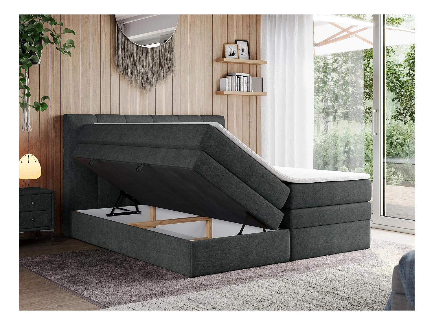 Boxspringbett ALVIN KING, mit zwei Multipocket-Matratzen, Bettkästen, genähtes Kopfteil - 200x200 cm - H3 - Dunkelgrau Strukture
