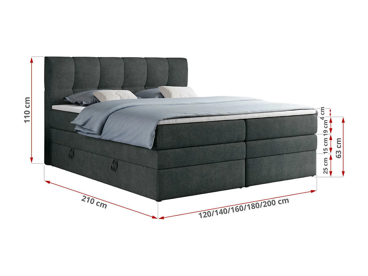 Boxspringbett ALVIN KING, mit zwei Multipocket-Matratzen, Bettkästen, genähtes Kopfteil - 200x200 cm - H3 - Dunkelgrau Strukture