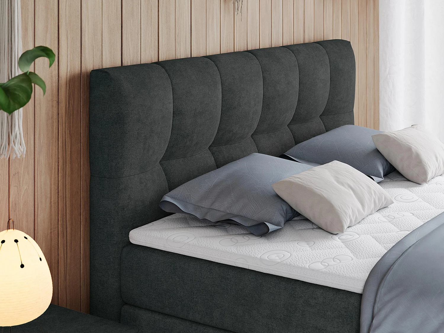 Boxspringbett ALVIN KING, mit zwei Multipocket-Matratzen, Bettkästen, genähtes Kopfteil - 200x200 cm - H3 - Dunkelgrau Strukture