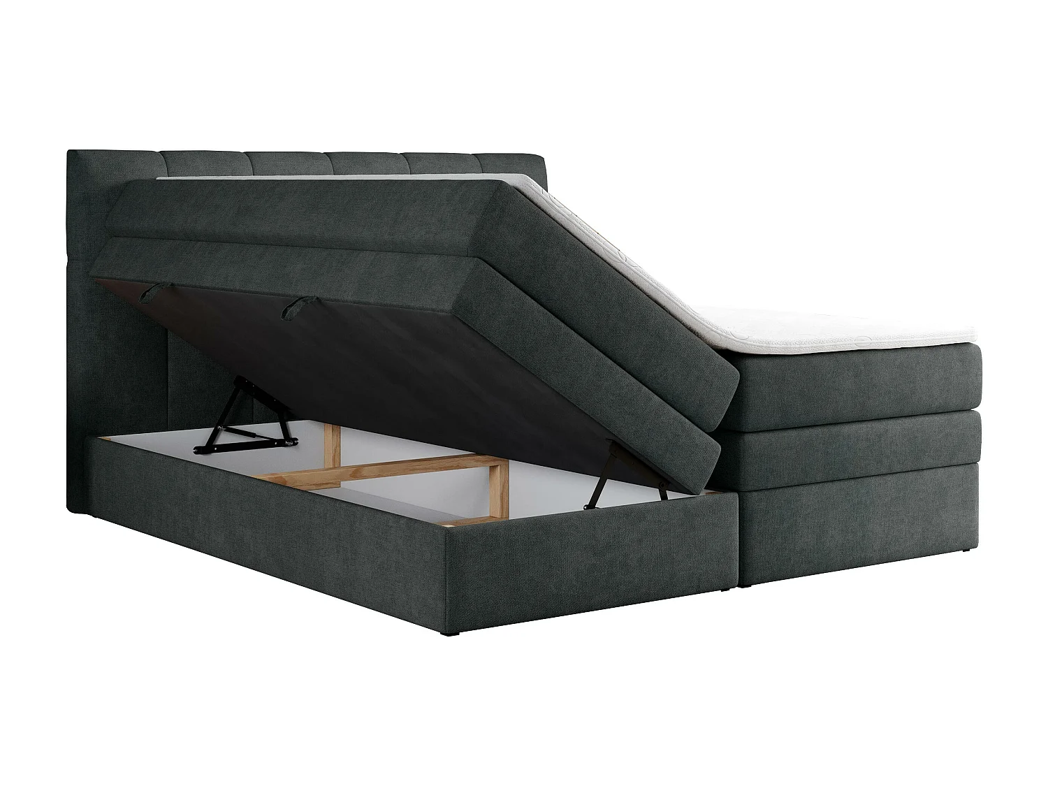 Boxspringbett ALVIN KING, mit zwei Multipocket-Matratzen, Bettkästen, genähtes Kopfteil - 200x200 cm - H3 - Dunkelgrau Strukture