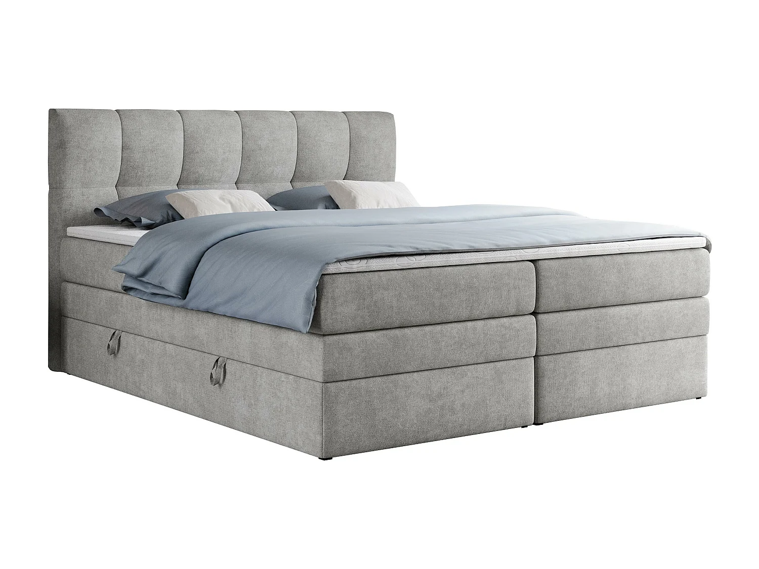 Boxspringbett ALVIN KING, mit zwei Multipocket-Matratzen, Bettkästen, genähtes Kopfteil - 200x200 cm - H3 - Hellgrau Strukture