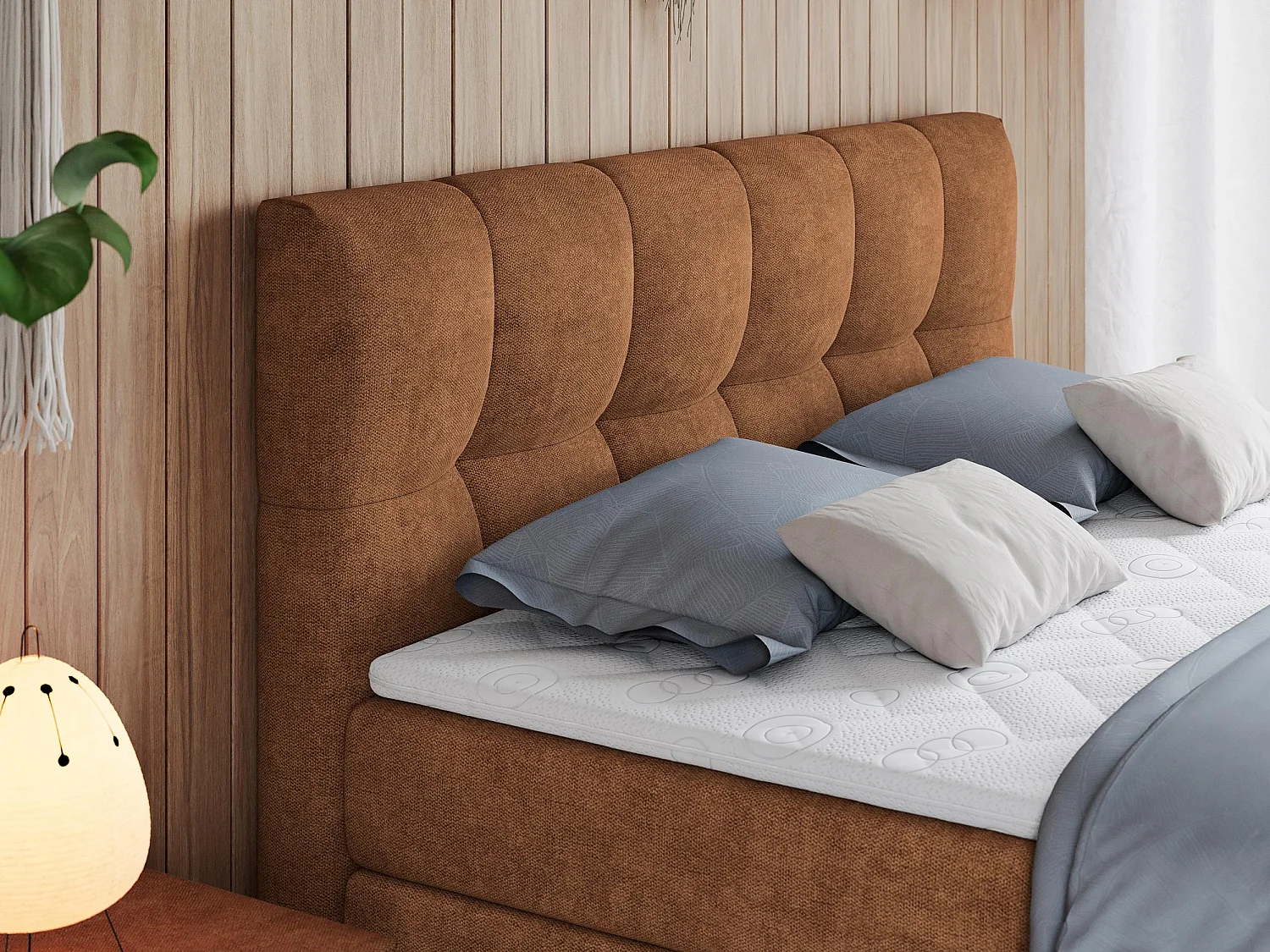 Boxspringbett ALVIN KING, mit zwei Multipocket-Matratzen, Bettkästen, genähtes Kopfteil - 200x200 cm - H4 - Orange Strukture