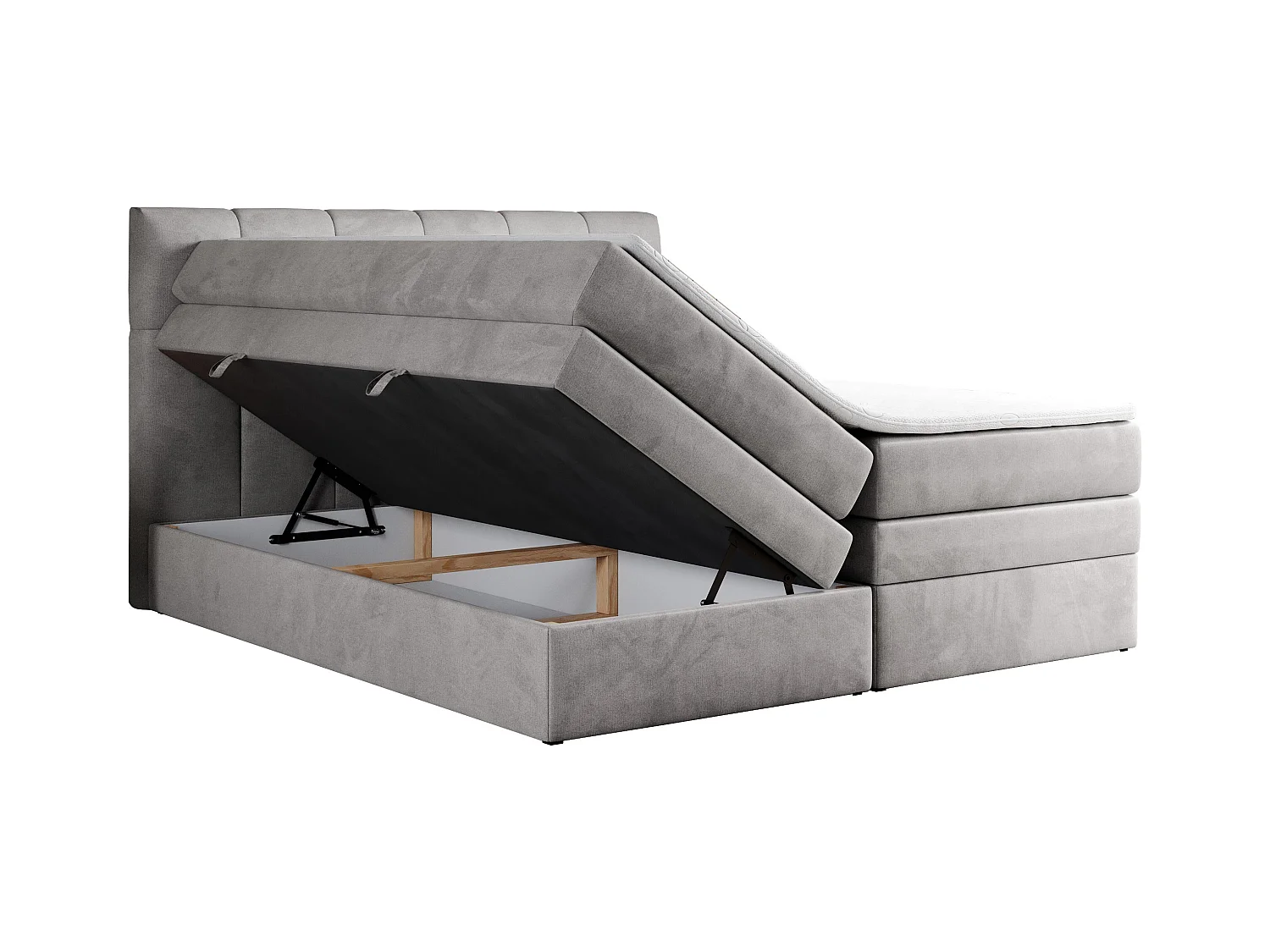 Boxspringbett ALVIN KING, mit zwei Multipocket-Matratzen, Bettkästen, genähtes Kopfteil - 200x200 cm - H4 - Hellgrau Velvet