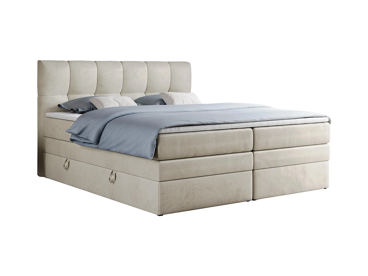 Boxspringbett ALVIN KING, mit zwei Multipocket-Matratzen, Bettkästen, genähtes Kopfteil - 180x200 cm - H3 - Beige Velvet