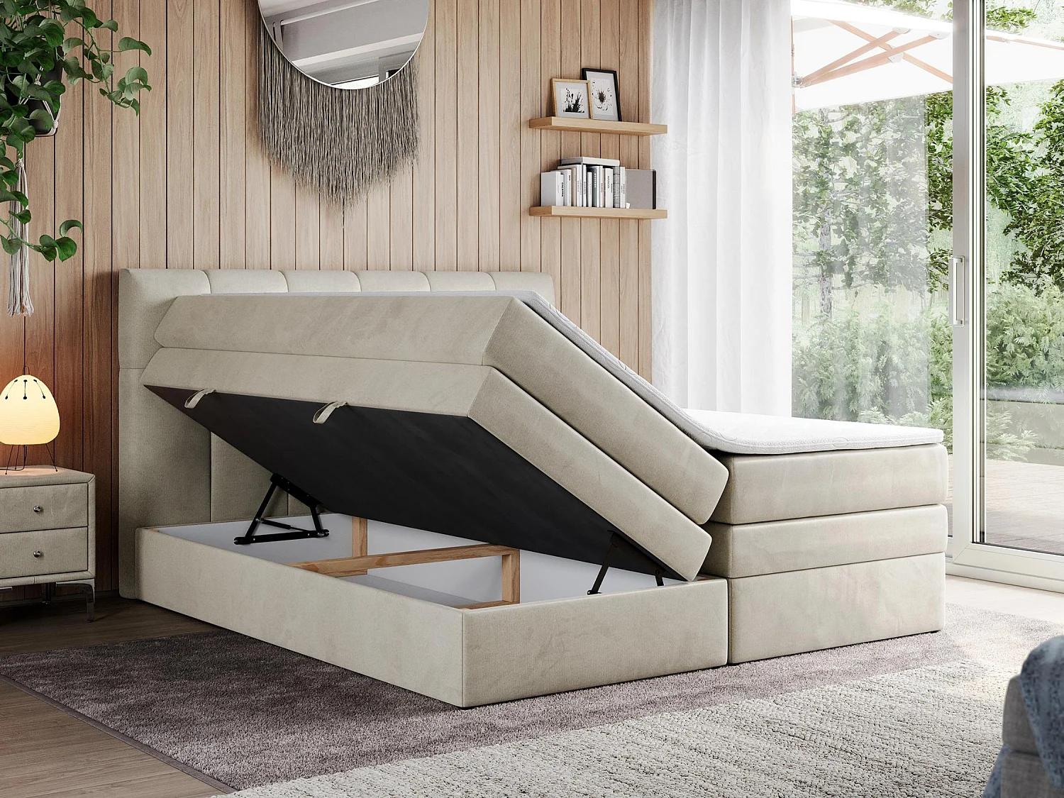 Boxspringbett ALVIN KING, mit zwei Multipocket-Matratzen, Bettkästen, genähtes Kopfteil - 180x200 cm - H3 - Beige Velvet