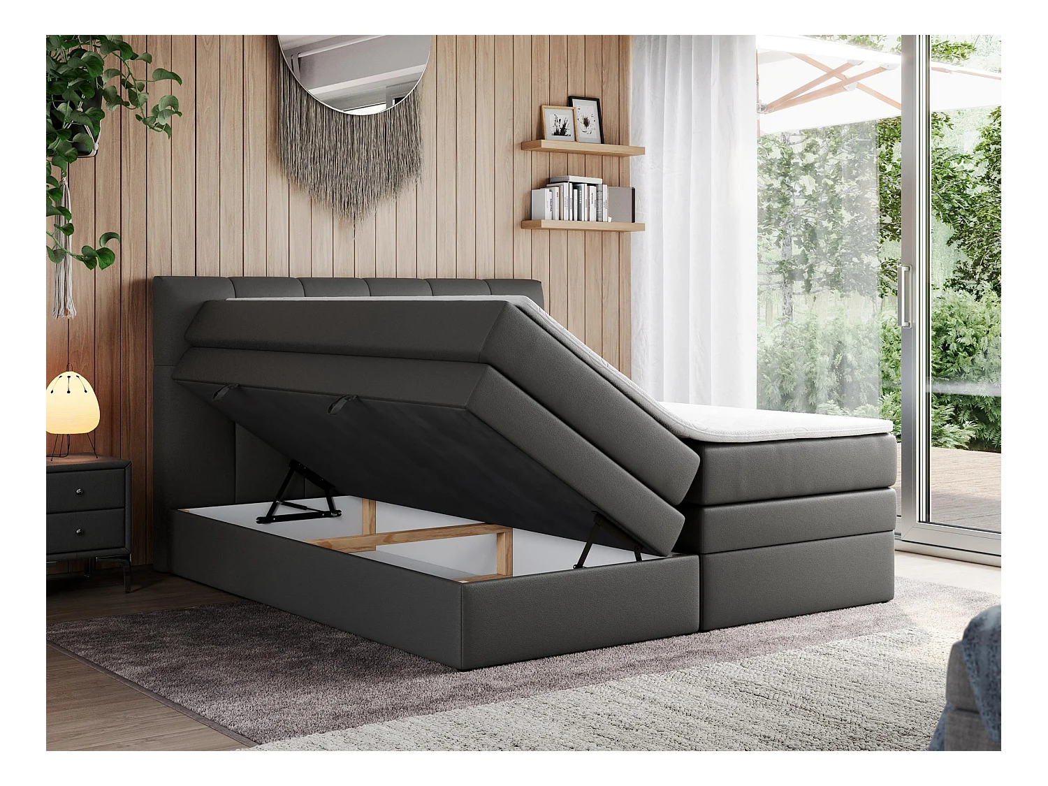 Boxspringbett ALVIN KING, mit zwei Multipocket-Matratzen, Bettkästen, genähtes Kopfteil - 200x200 cm - H4 - Dunkelgrau Kunstleder