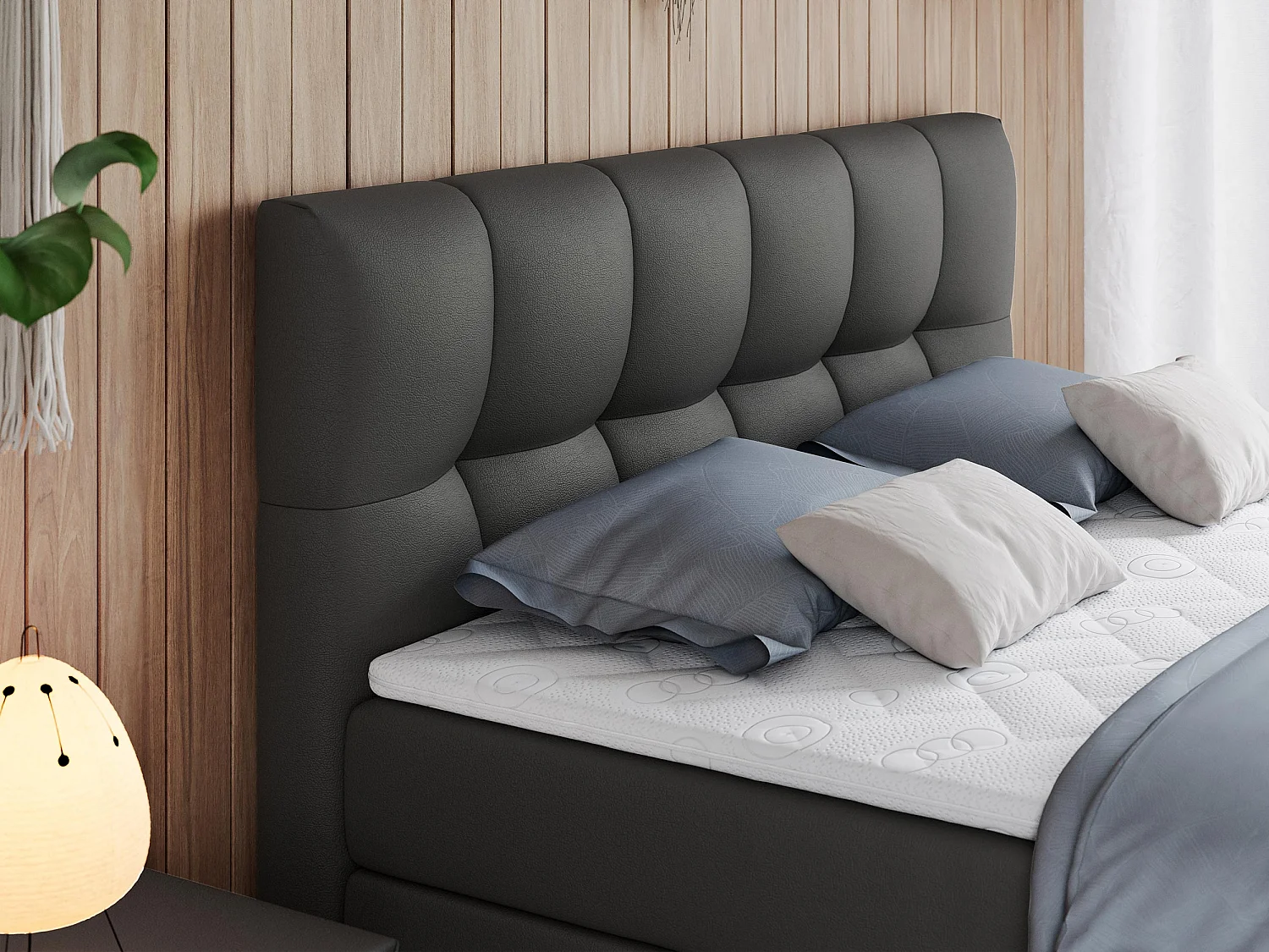 Boxspringbett ALVIN KING, mit zwei Multipocket-Matratzen, Bettkästen, genähtes Kopfteil - 200x200 cm - H4 - Dunkelgrau Kunstleder