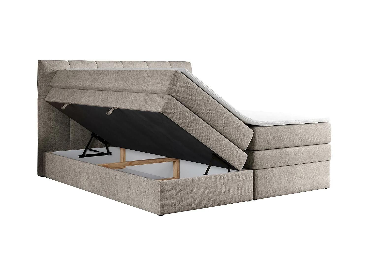 Boxspringbett ALVIN KING, mit zwei Multipocket-Matratzen, Bettkästen, genähtes Kopfteil - 200x200 cm - H4 - Beige Strukture