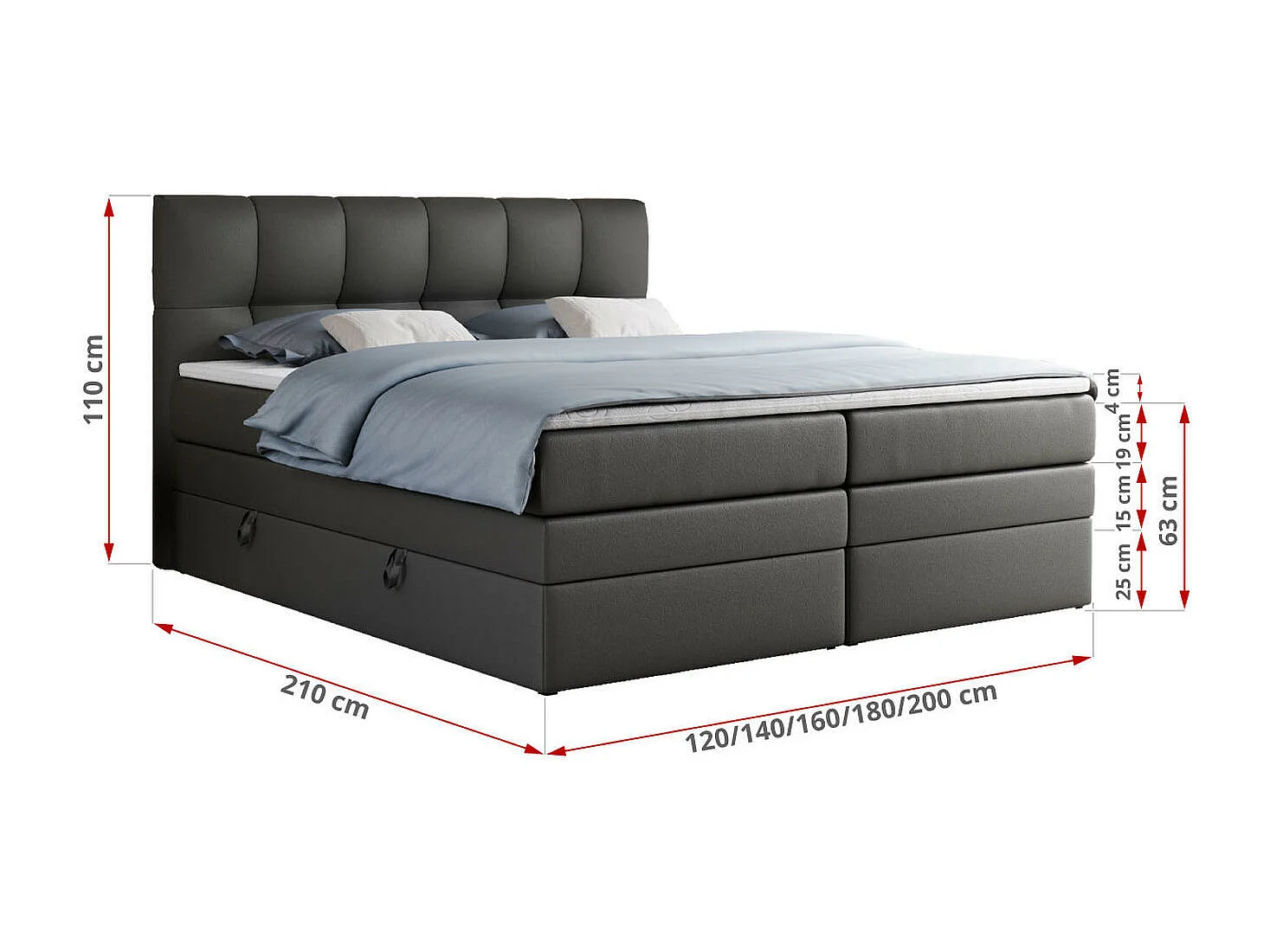 Boxspringbett ALVIN KING, mit zwei Multipocket-Matratzen, Bettkästen, genähtes Kopfteil - 180x200 cm - H3 - Dunkelgrau Kunstleder