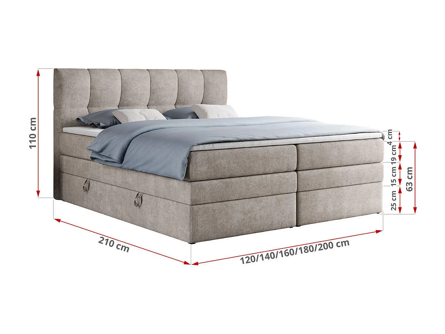 Boxspringbett ALVIN KING, mit zwei Multipocket-Matratzen, Bettkästen, genähtes Kopfteil - 160x200 cm - H4 - Beige Strukture