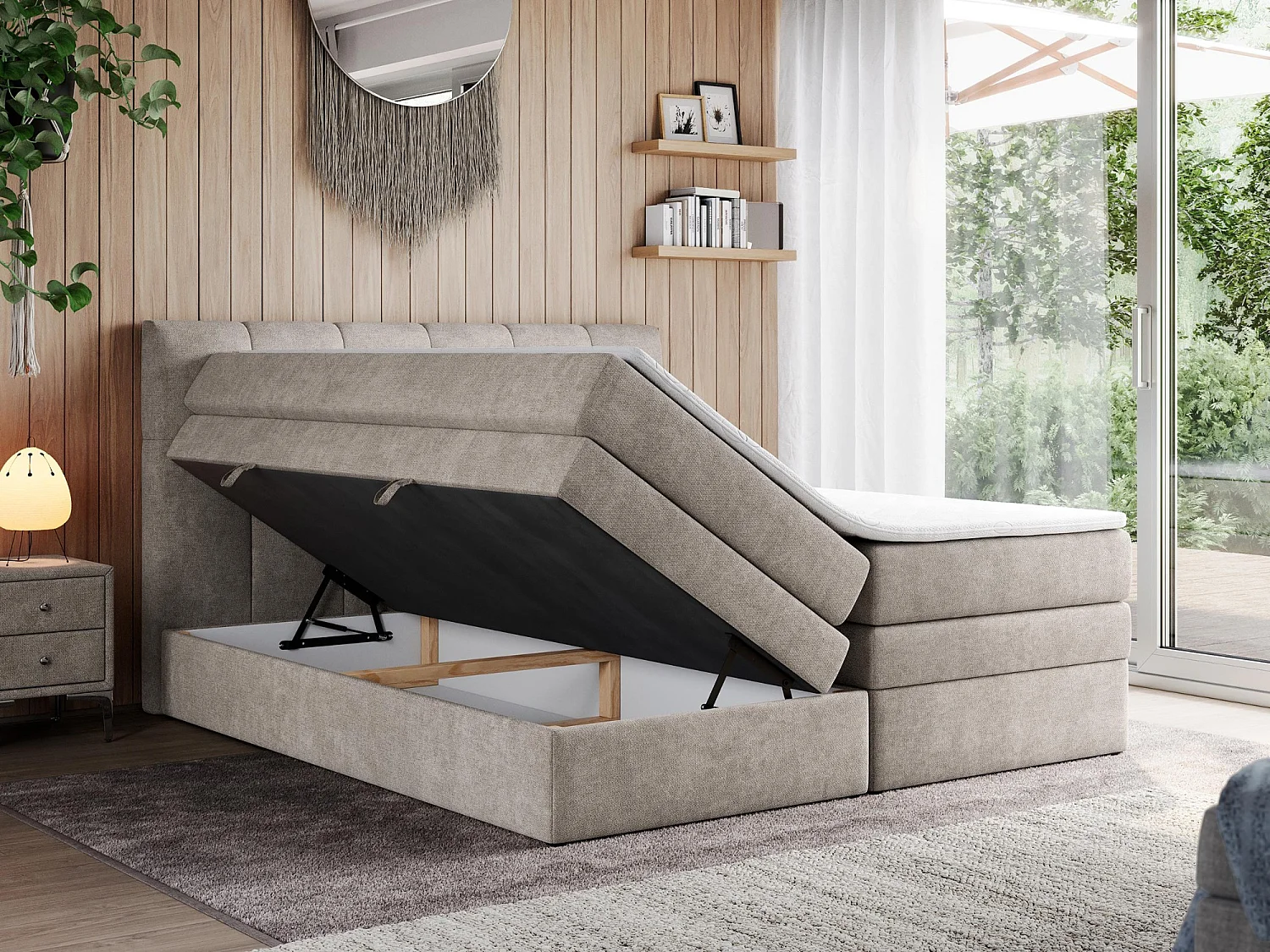 Boxspringbett ALVIN KING, mit zwei Multipocket-Matratzen, Bettkästen, genähtes Kopfteil - 160x200 cm - H4 - Beige Strukture