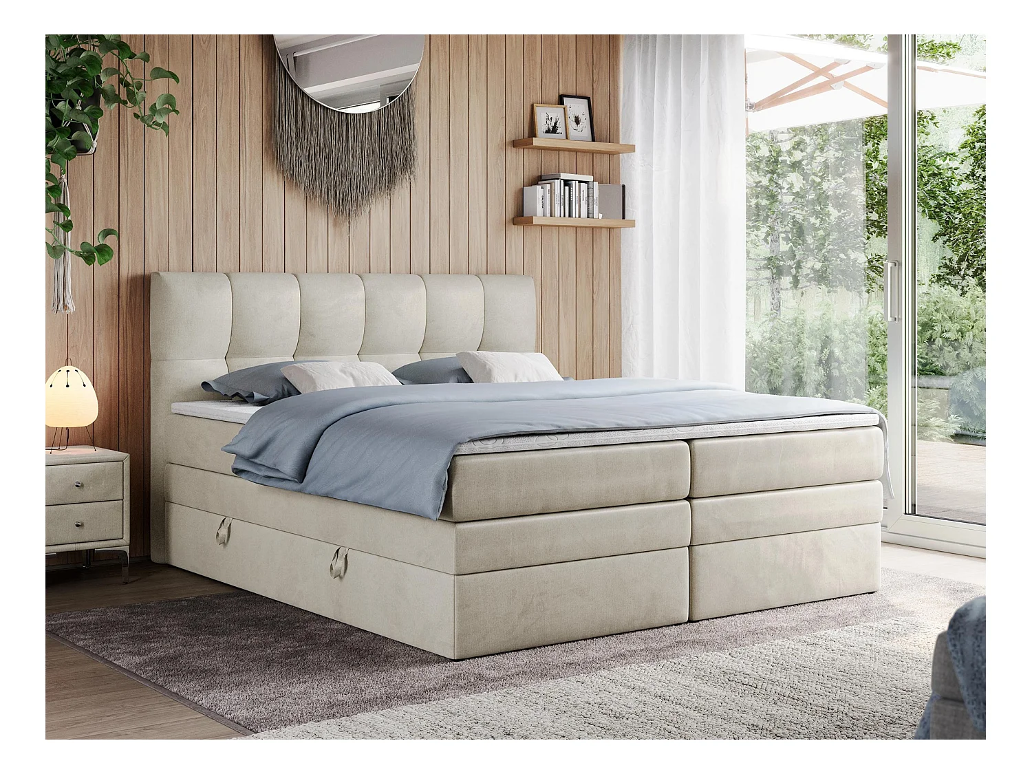 Boxspringbett ALVIN KING, mit zwei Multipocket-Matratzen, Bettkästen, genähtes Kopfteil - 180x200 cm - H4 - Beige Velvet